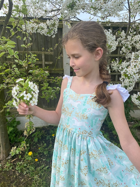 cotton unicorn dress Unicorn Birthday Party Dress: Mint Cotton Flower Girl Outfit, special occasion wear