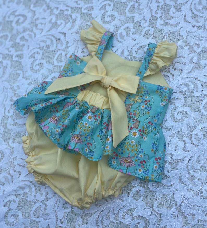 Organic cotton baby romper, spring bunnies and daffodils, babies first Easter, Gift for new baby girl, toddlers skirted rompers, floral baby image 10