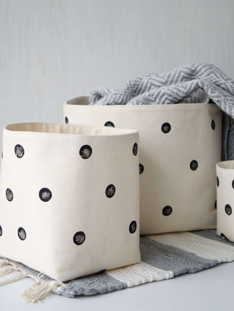 Set of 3 cotton canvas storage baskets. Black polka dot Etsy