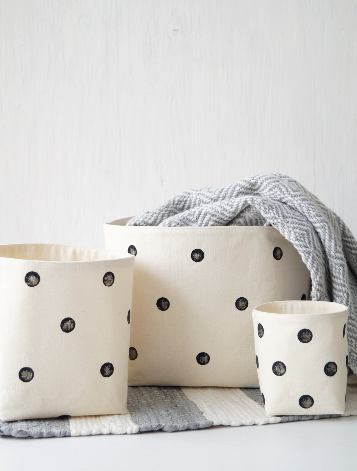 Set of 3 cotton canvas storage baskets. Black polka dot Etsy