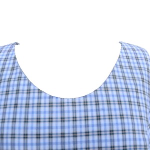 May include: A sleeveless top with a blue and white plaid pattern. The neckline is a scoop neck.