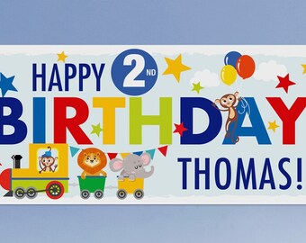 Personalised Jungle Train Birthday Banner | Kids Party Decoration