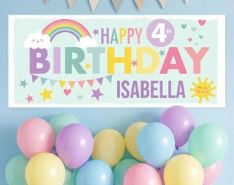 Personalised Rainbow Birthday Banner, Kids Party Decorations (2 Pack)