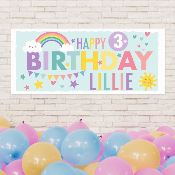 Birthday Party Banners | 2 Pack Offer Pastel Rainbow Birthday Banners for kids | Personalised for ANY name and age | Ideal for 1st Birthday