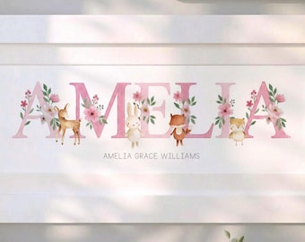Framed Personalised Girls Name Frame – Pink Woodland Animals Nursery Wall Art – Baby Girl Gift