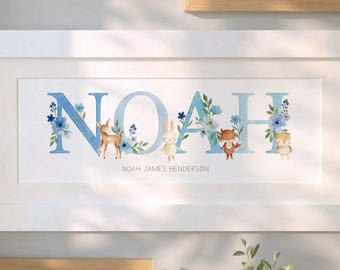 Framed Personalised Boys Name Frame - Blue Woodland Animals Nursery Wall Art – Baby Boy Gift