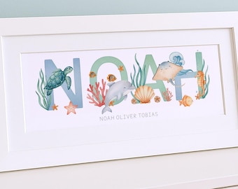 Ocean Name Print – Personalised Baby Gift, Nursery Wall Art, Framed Watercolour Name