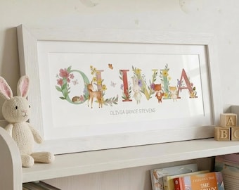 Framed Personalised Name Print | Woodland Nursery Art | Baby Gift