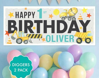 Personalised Digger Birthday Banner Pack: Construction Trucks Theme, Any Name/Age
