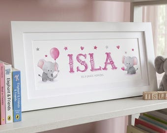 Supplied Framed - Ready to Hang. Elephant Name Print – Framed Nursery Decor, Baby Gift