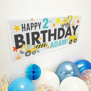 2 PACK OFFER | Personalised Digger Birthday Party Banners for ANY name and age! | Digger Construction Trucks design in yellow & black