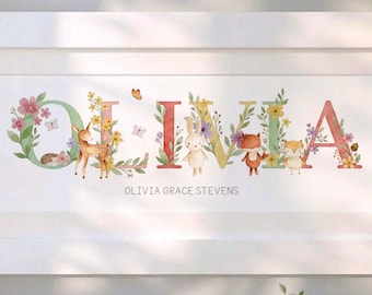 FRAMED - Personalised Name Print | Woodland Nursery Art | Baby Gift