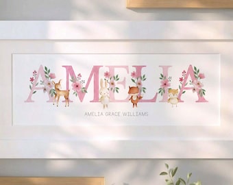 FRAMED Personalised Girls Name Frame – Pink Woodland Animals Nursery Wall Art – Baby Girl Gift