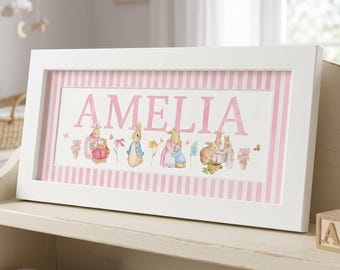 Personalised Rabbit Name Art Print – Watercolour Nursery Decor (Framed)