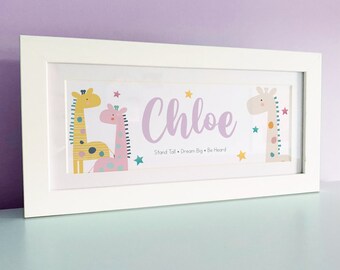 Giraffe Nursery Name Print – Personalised Kids Room Decor (Framed)