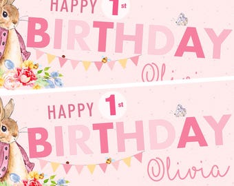 Personalised Rabbit Birthday Banner - 2 Pack | Pink Floral Design