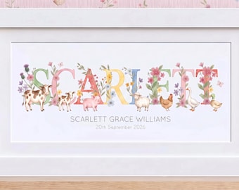 Personalised Farmyard Animals Name Frame, Farm Animal Nursery Print, Cow Pig Sheep Baby Gift, New Baby Christening Birthday Gift