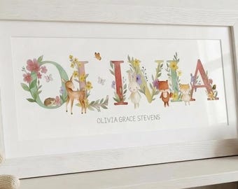 FRAMED - Personalised Name Print | Woodland Nursery Art | Baby Gift
