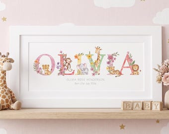 Personalised Name Frame – Jungle Baby Nursery Wall Art.  Little Friends Animal Wall Print.