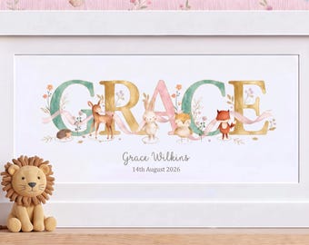 Personalised Baby Name Frame, Woodland Nursery Print, New Baby Gift, Christening Gift, Personalised Baby Boy Gift