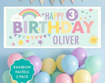 Personalised Rainbow Birthday Banner 2 Pack | Pastel Party Decorations