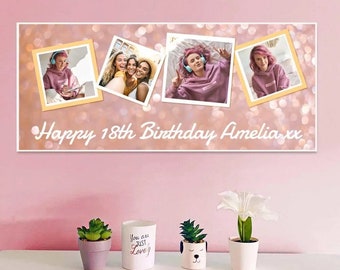 Personalised Rose Gold Birthday Banner – Photo Collage Party Decor