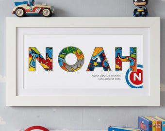 Personalised Superhero Name Print, Baby Christening Gifts, Superhero Name Art