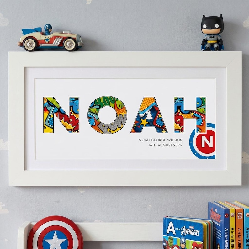 George Name Style Personalised Superhero Name Print, Baby Christening Gifts, Superhero ...