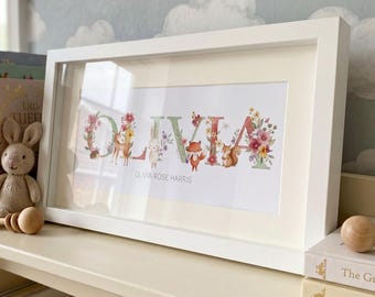Personalised Woodland Name Print – Pastel Animals, Floral Letters, Nursery Decor Frame - Luxury Box Frame