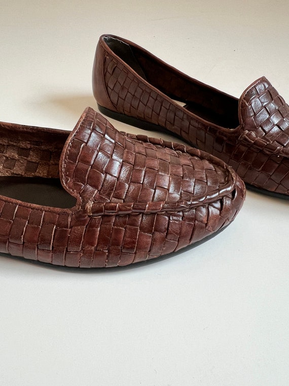 90s Woven Brown Leather Slip-On Loafer - Women's … - image 6