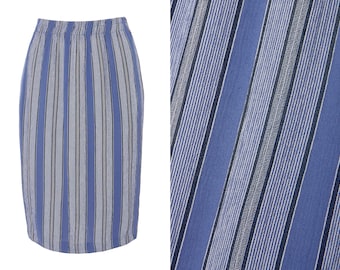 Mixed Blue Stripe Lightweight Pencil Skirt w/ Pockets