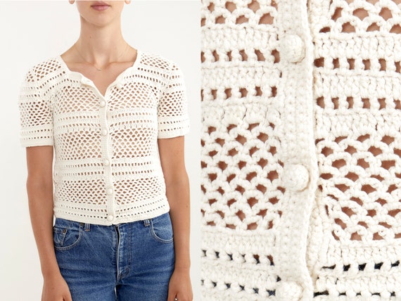 70s Crochet Boho White Cardigan Top