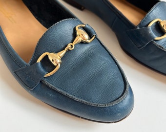 90s Navy Blue Leather Gold Horse-Bit Slip On Loafer - US 7.5 or 8