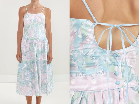 80s Pastel Floral Corset Bodice Summer Party Dress