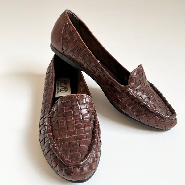 90s Woven Brown Leather Slip-On Loafer - Women's 6 or 6.5