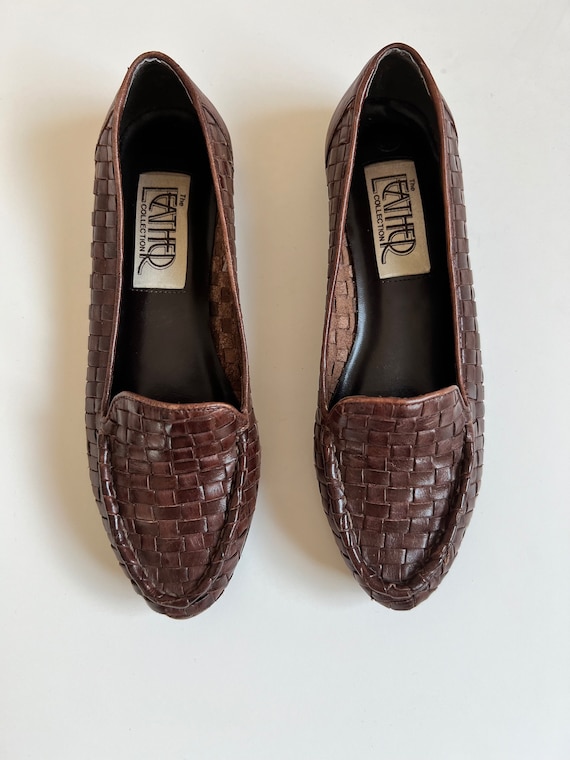 90s Woven Brown Leather Slip-On Loafer - Women's … - image 2