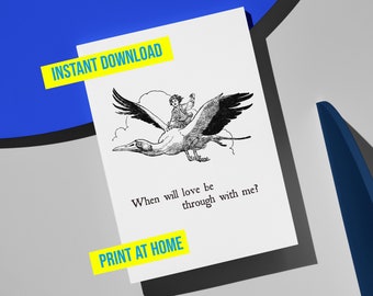 Wann wird die Liebe mit mir fertig sein? Kunstdruck im Vintage Märchenbuch Stil mit fliegender Person auf großem Vogel. Herunterladbarer Kunstdruck. 1980er Jahre Seele