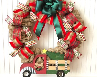 Christmas wreath, vintage truck wreath, red and green wreath, burlap wreaths, Christmas decor, front door wreath, vintage truck sign, wreath