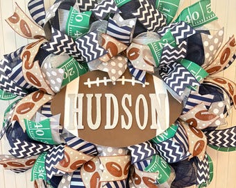 Hudson voetbalkrans, voetbalkrans, voetbalmoeder, voetbalteamkrans, decoratieve gaaskrans, voordeurkrans, sportdecoratie, voetbal