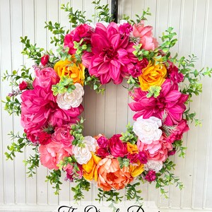 pink floral wreath, spring wreath, summer wreath, tropical wreath, floral wreath, grapevine wreath, front door wreath, dahlia wreath, peony