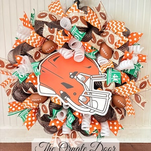 Football wreath, orange and brown wreath, Cleveland football wreath, team wreath, football helmet sign, sports wreaths, football fan, wreath