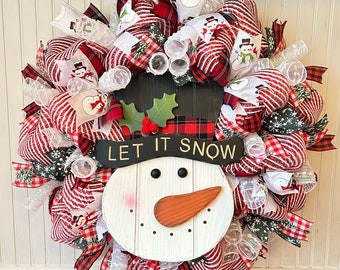 Snowman wreath, winter wreath, let it snow, Christmas wreath, front door wreath, deco mesh wreath, winter decor, snowmen, wreaths for winter