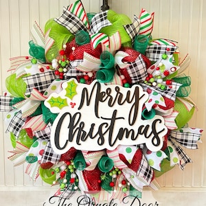 Christmas wreath, red and green wreath, Christmas decor, wreaths for Christmas, deco mesh wreath, front door wreath, merry Christmas sign