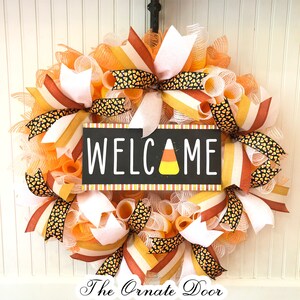 Corona di mais caramellato, ghirlanda di Halloween, ghirlanda di benvenuto, ghirlanda in rete deco, ghirlanda della porta d'ingresso, ghirlanda arancione e gialla, decorazione di Halloween, autunno
