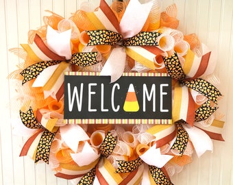 Candy corn wreath, Halloween wreath, welcome wreath, deco mesh wreath, front door wreath, orange and yellow wreath, Halloween decor, fall