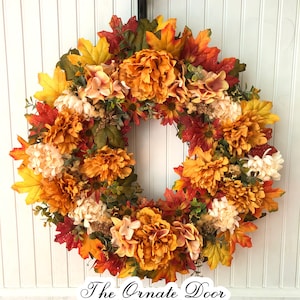Fall wreath, fall floral wreath, orange and yellow wreath, grapevine wreath, front door wreath, fall decor, Thanksgiving wreath, fall