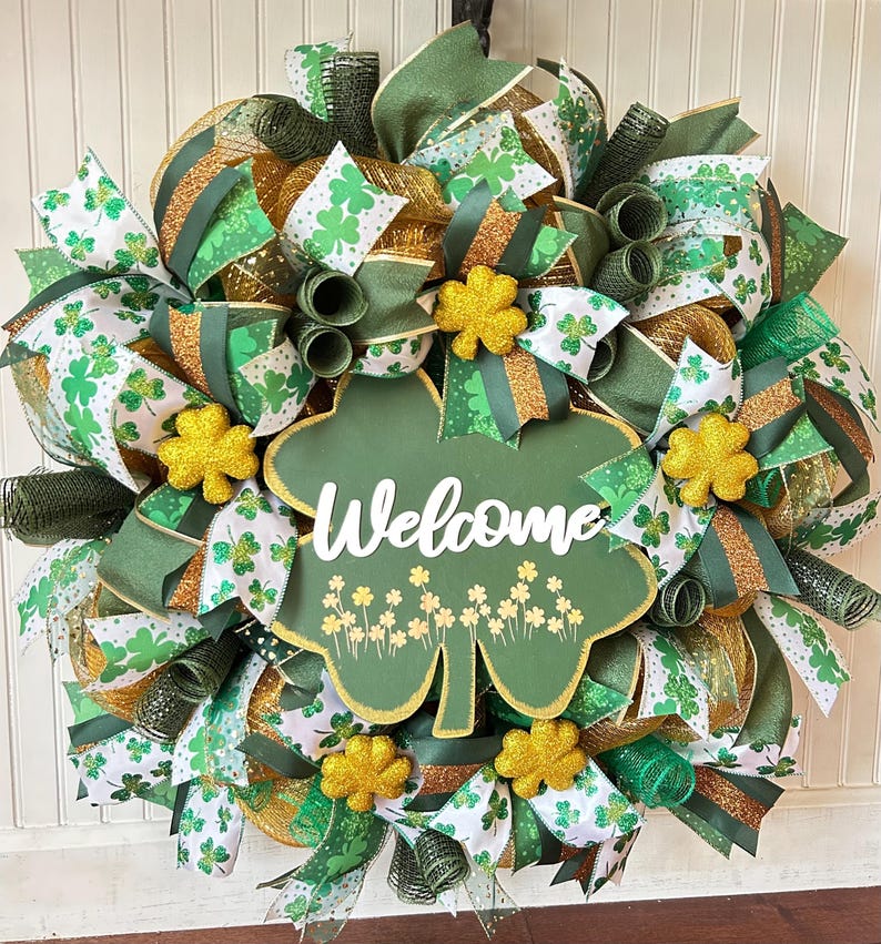 Wreath Inscription St. Patrick’s Day Wreath, Welcome Wreath, Shamrock Wreath, Green and ...