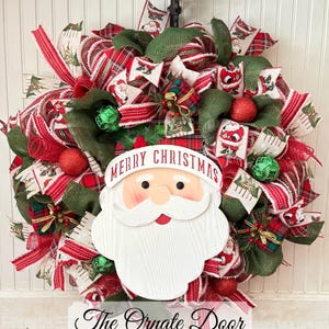Santa wreath, Christmas wreath, red and green wreath, ornament wreath, Christmas decor, Santa sign, front door wreath, deco mesh wreath