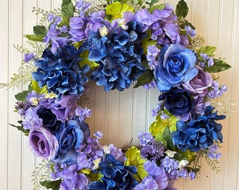 Spring floral wreath, summer floral wreath, blue wreaths, purple wreaths, grapevine wreath, front door wreath, spring wreaths, summer wreath