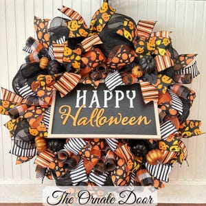 Halloween wreath, orange and black wreath, jack o lantern wreath, Halloween decor, front door wreath, deco mesh wreath, Halloween, wreaths